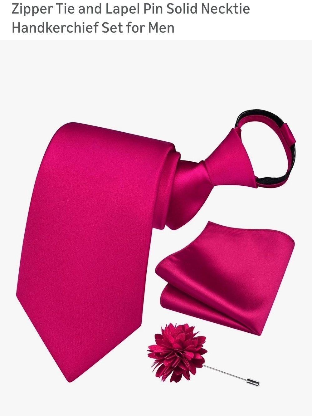 Men's Solid Fuchsia Necktie Set with Pocket Square & Lapel Pin